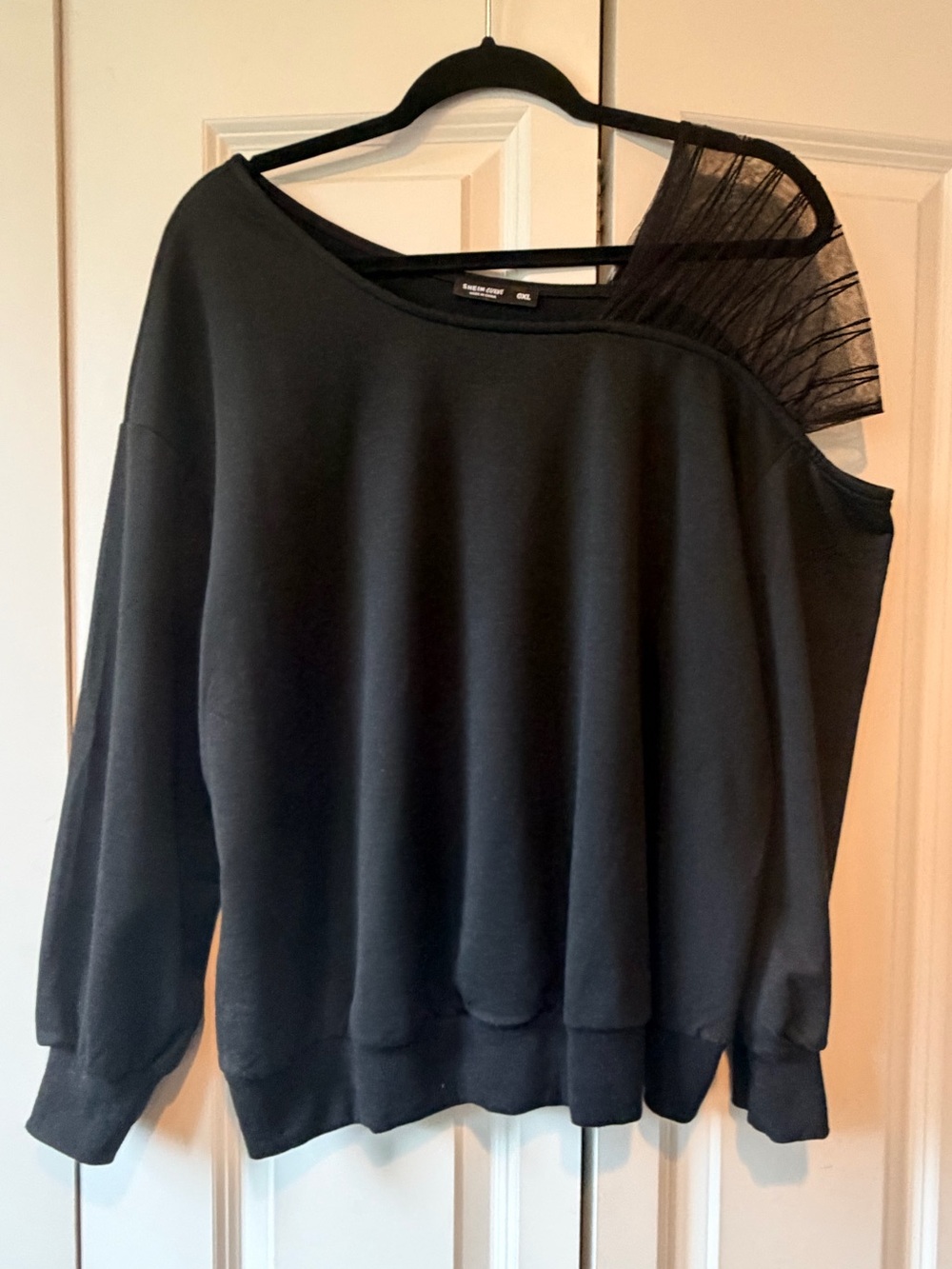 Black Asymmetrical One-Shoulder Sweatshirt with Mesh Detail
